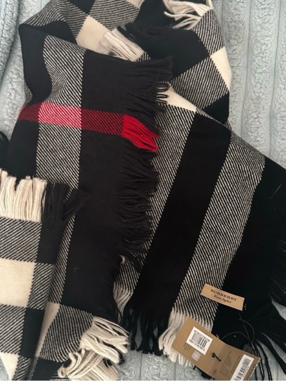 Burberry Black White and Red Plaid Fringe Scarf - Picture 2 of 4